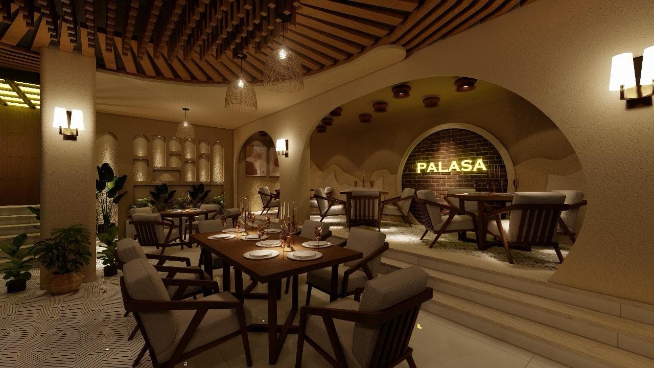 The private dining hall at Palasa, tables set beneath the glowing Palasa sign